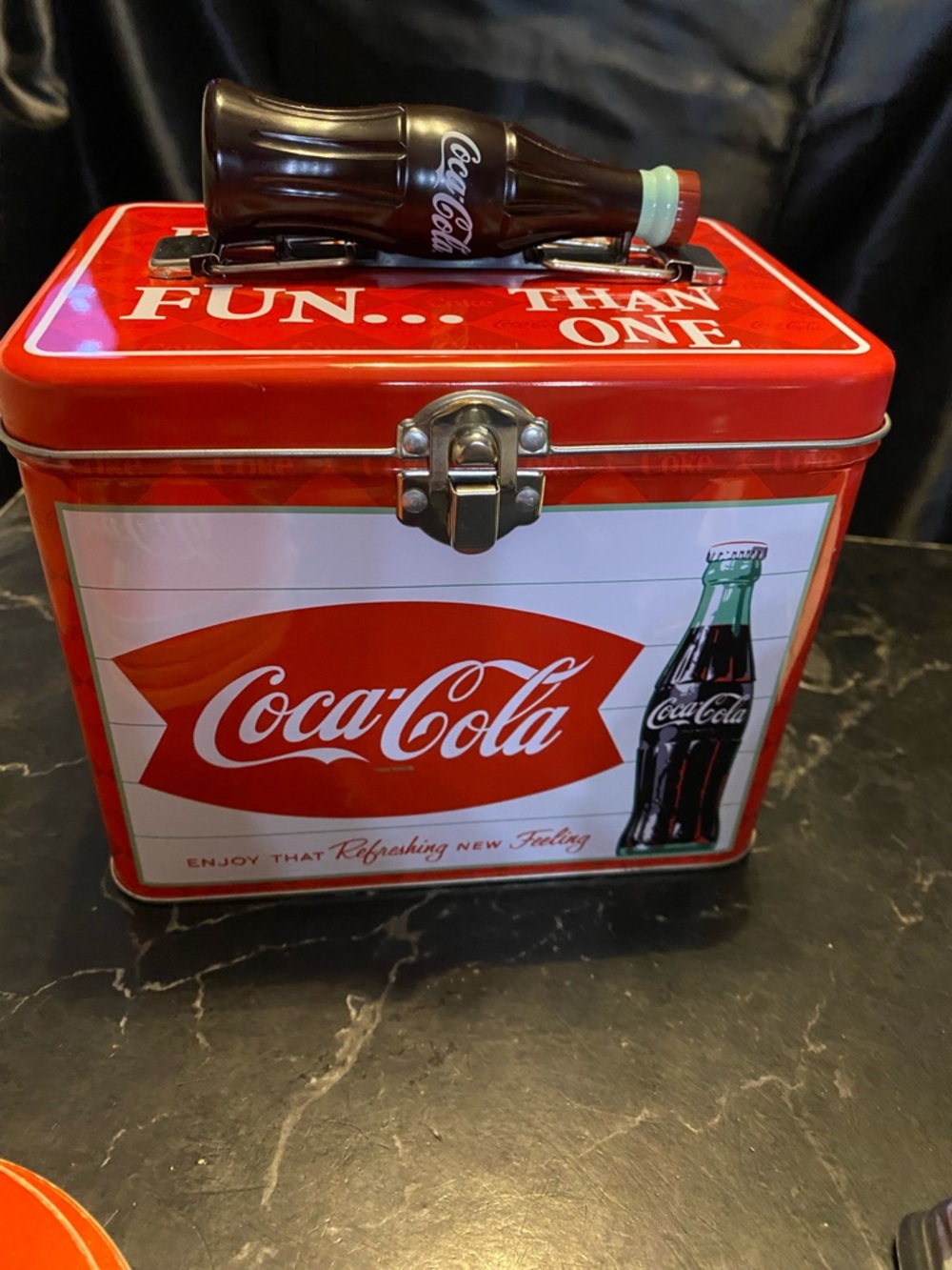 Coca-Cola Red and White Retro Metal Lunch Tin with Bottle Handle